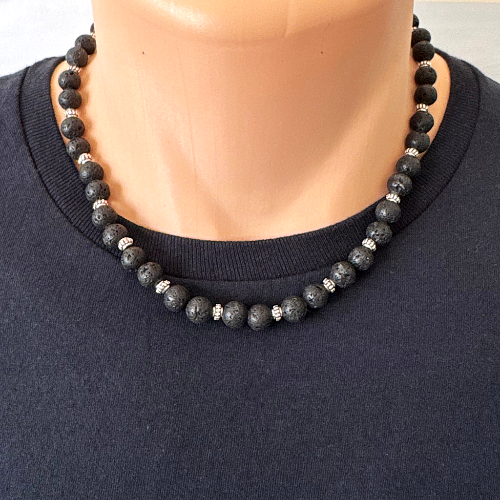 Mens Black Lava Rock Beaded Necklace — Silver Accents | JaeBee