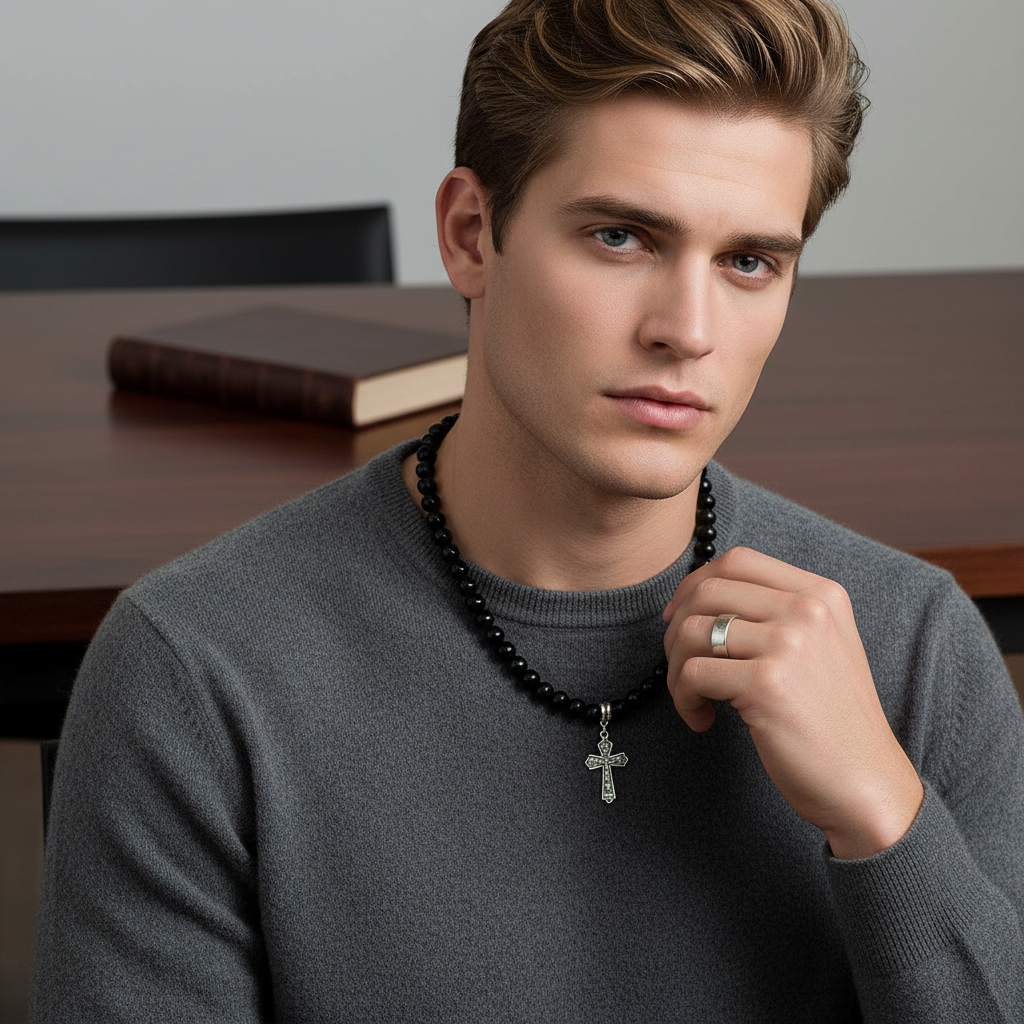 Buy the Black Onyx and Silver Cross Mens Beaded Necklace | JaeBee