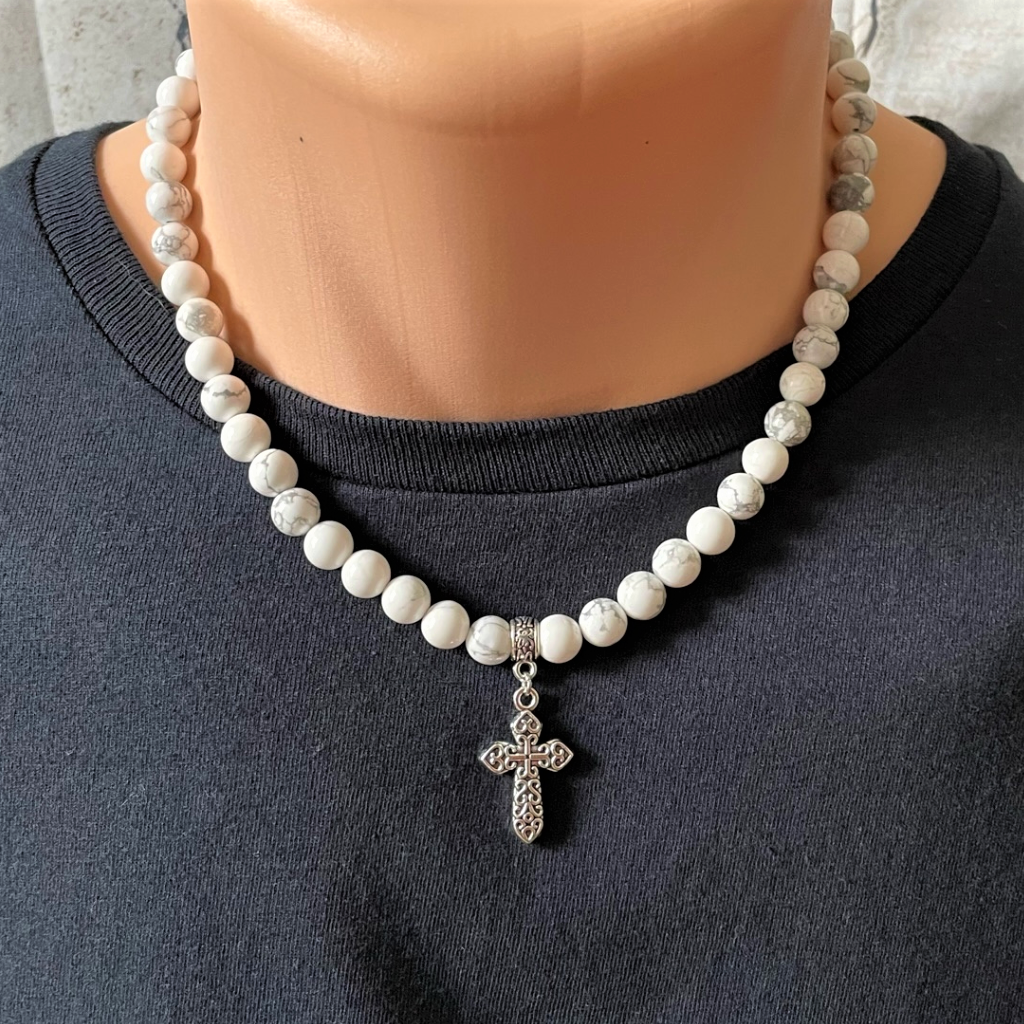 Mens Howlite Beaded Necklace with Silver Cross