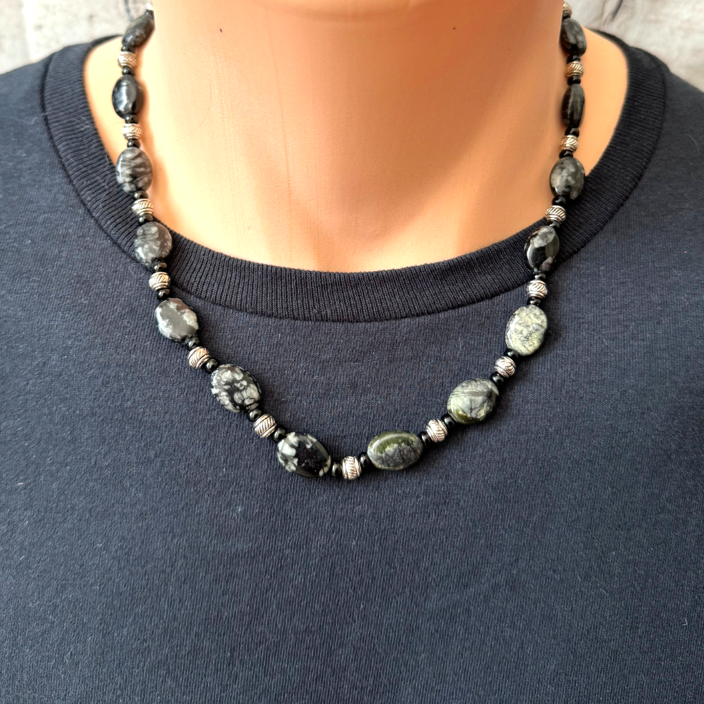 Mens Snowflake Obsidian Oval Beaded Necklace