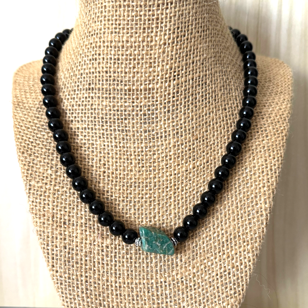 Black Onyx and Russian Amazonite Mens Beaded Necklace