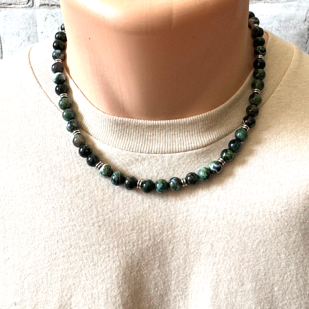 Forest Green Agate and Silver Mens Beaded Necklace