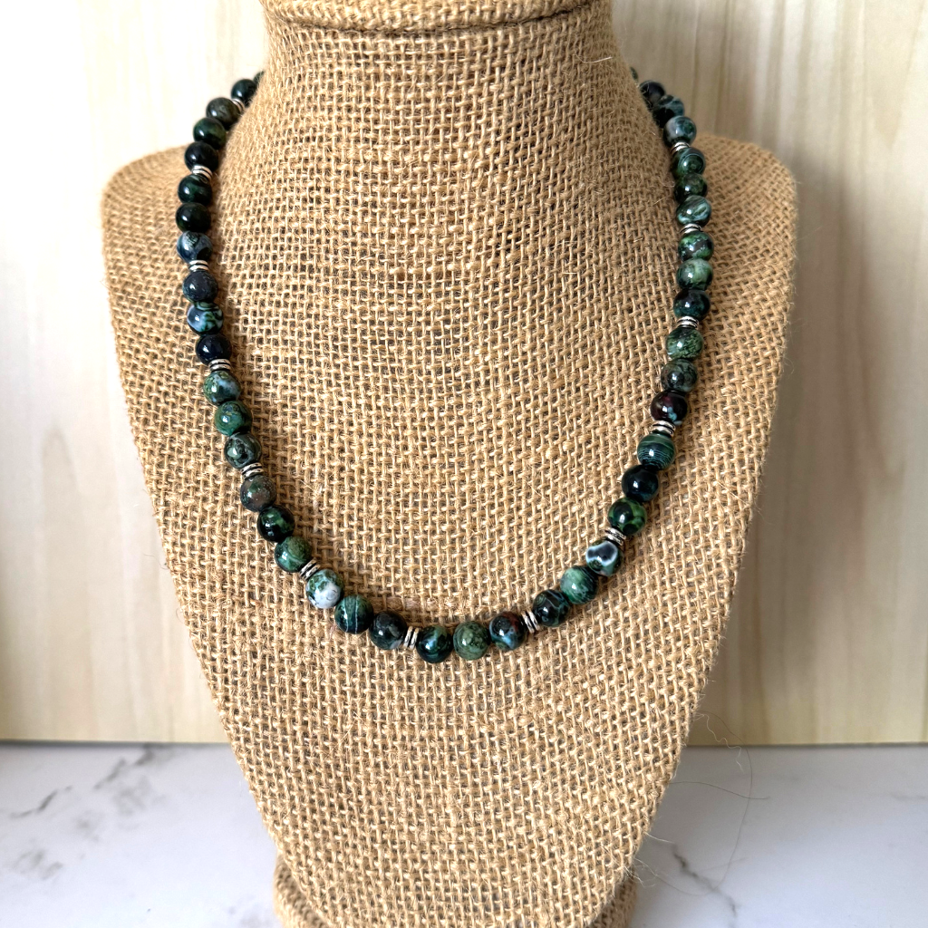 Forest Green Agate and Silver Mens Beaded Necklace