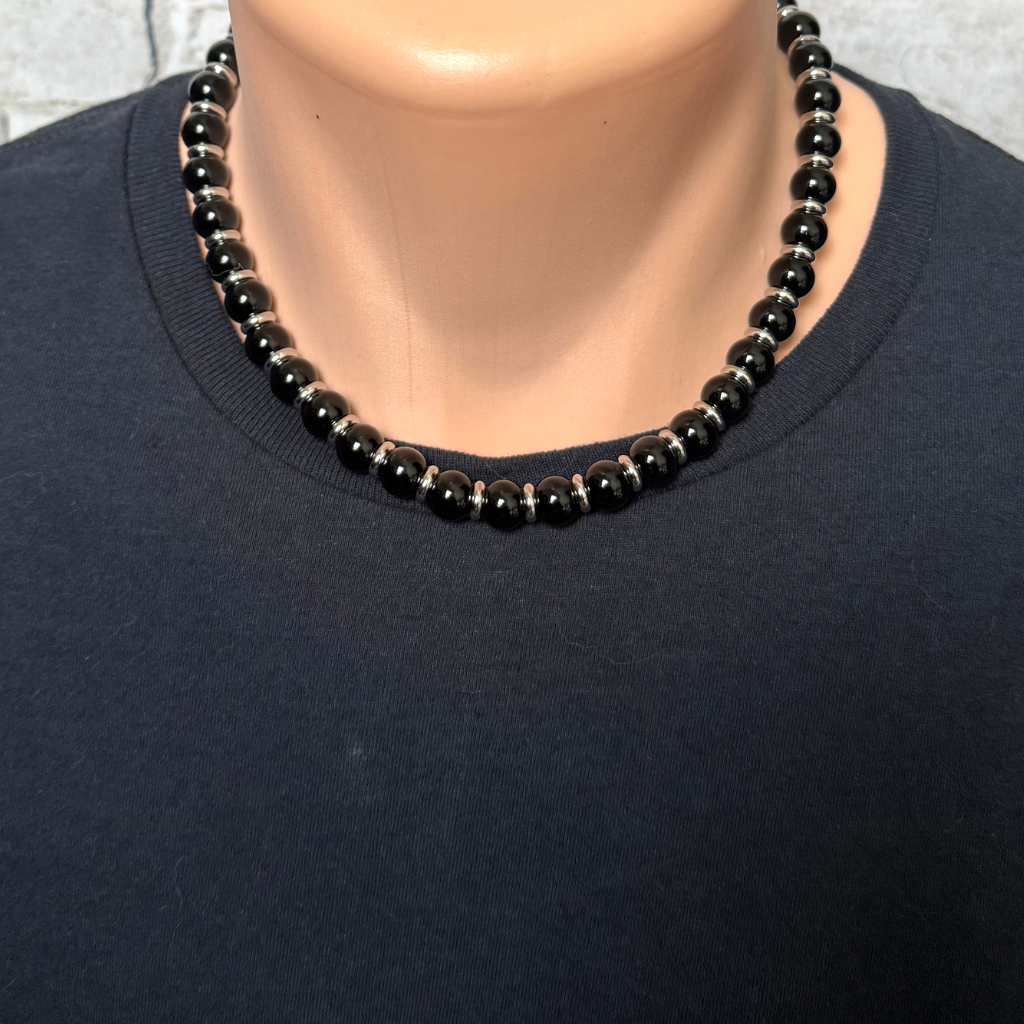 Mens Black Onyx 10mm and Silver Ring Beaded Necklace