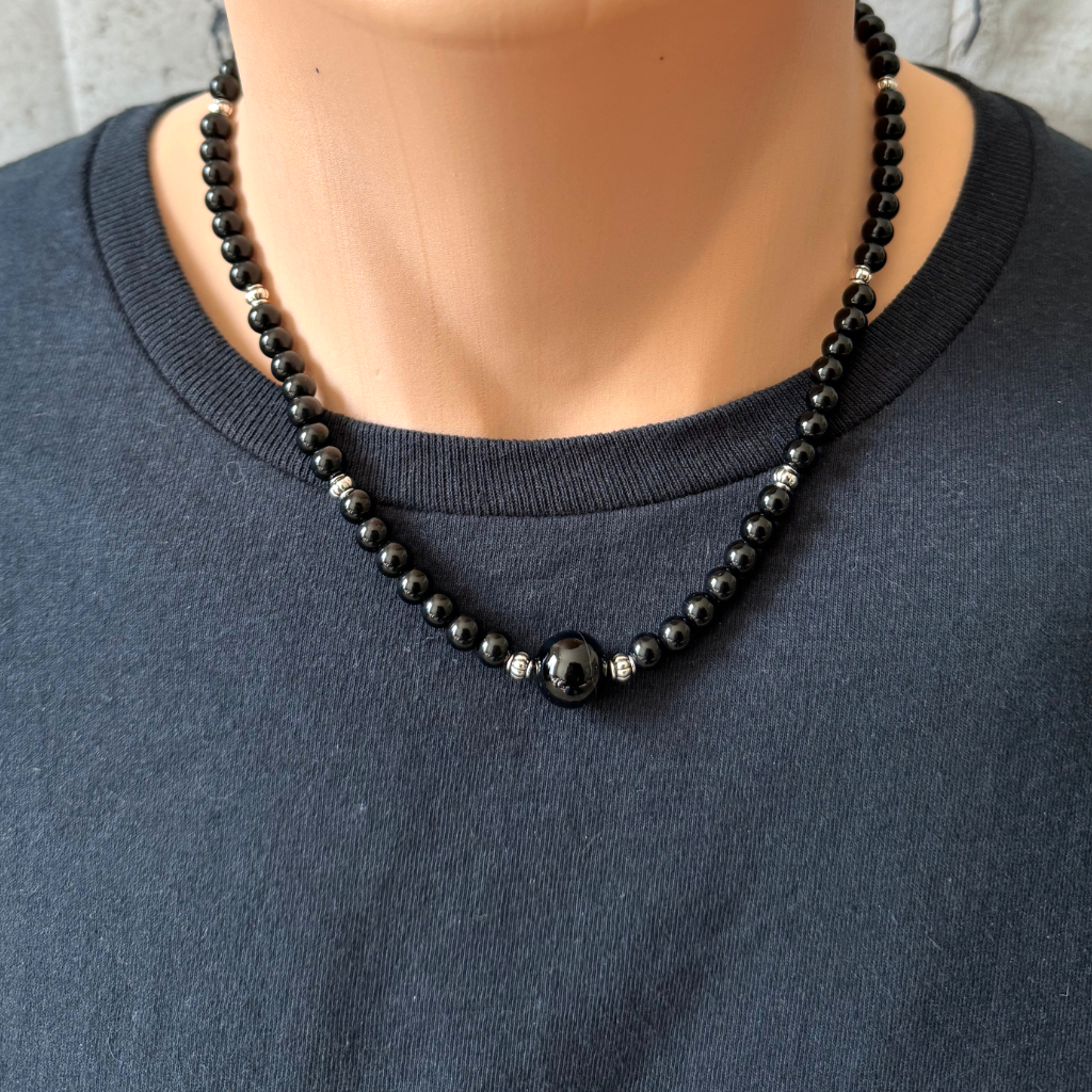 Mens Black Onyx 6mm and Silver Beaded Necklace