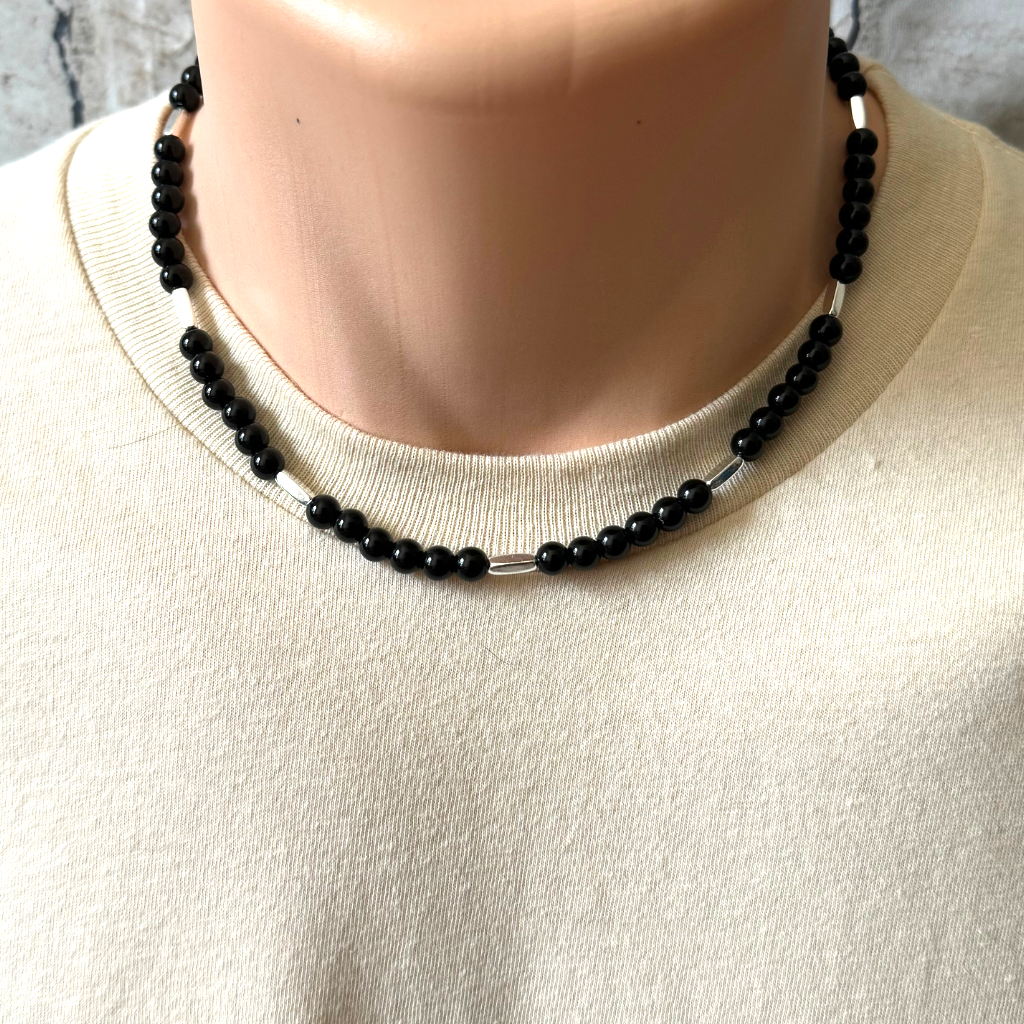 Buy the Mens Black Onyx and Silver Tube Beaded Necklace JaeBee