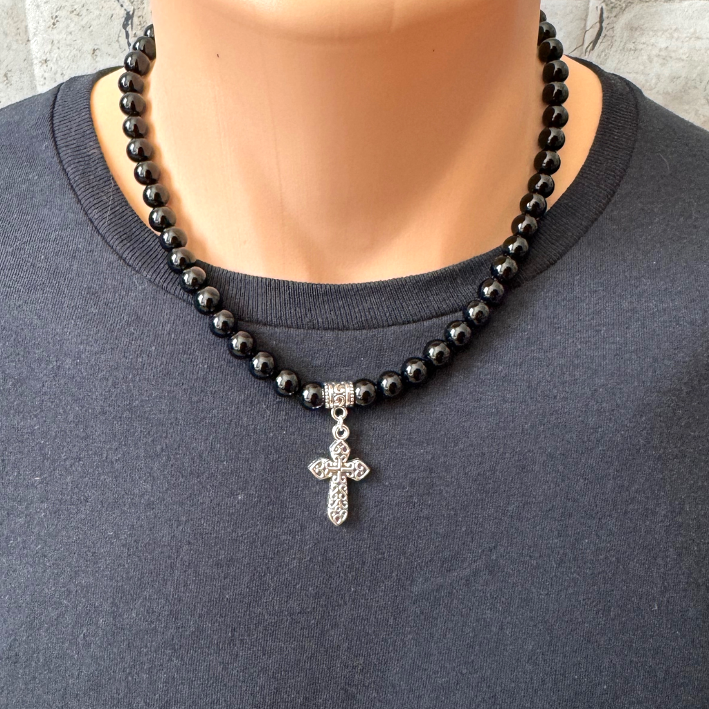 Mens beaded necklace online with cross