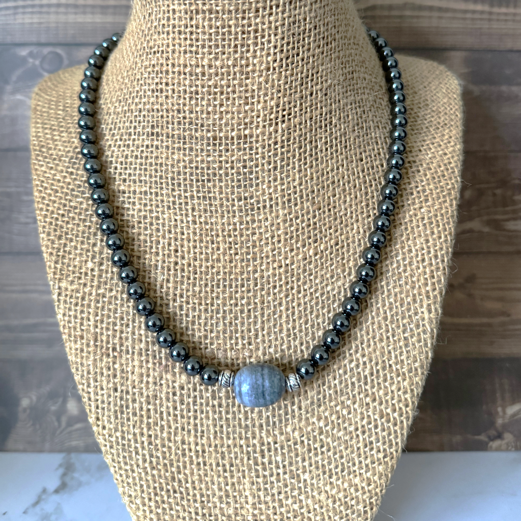 Mens Hematite and Gray Marble Necklace