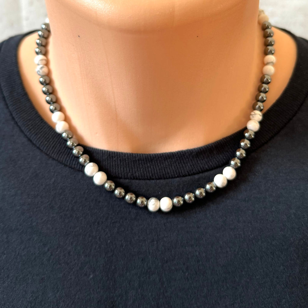 Mens Hematite and Howlite Beaded Necklace