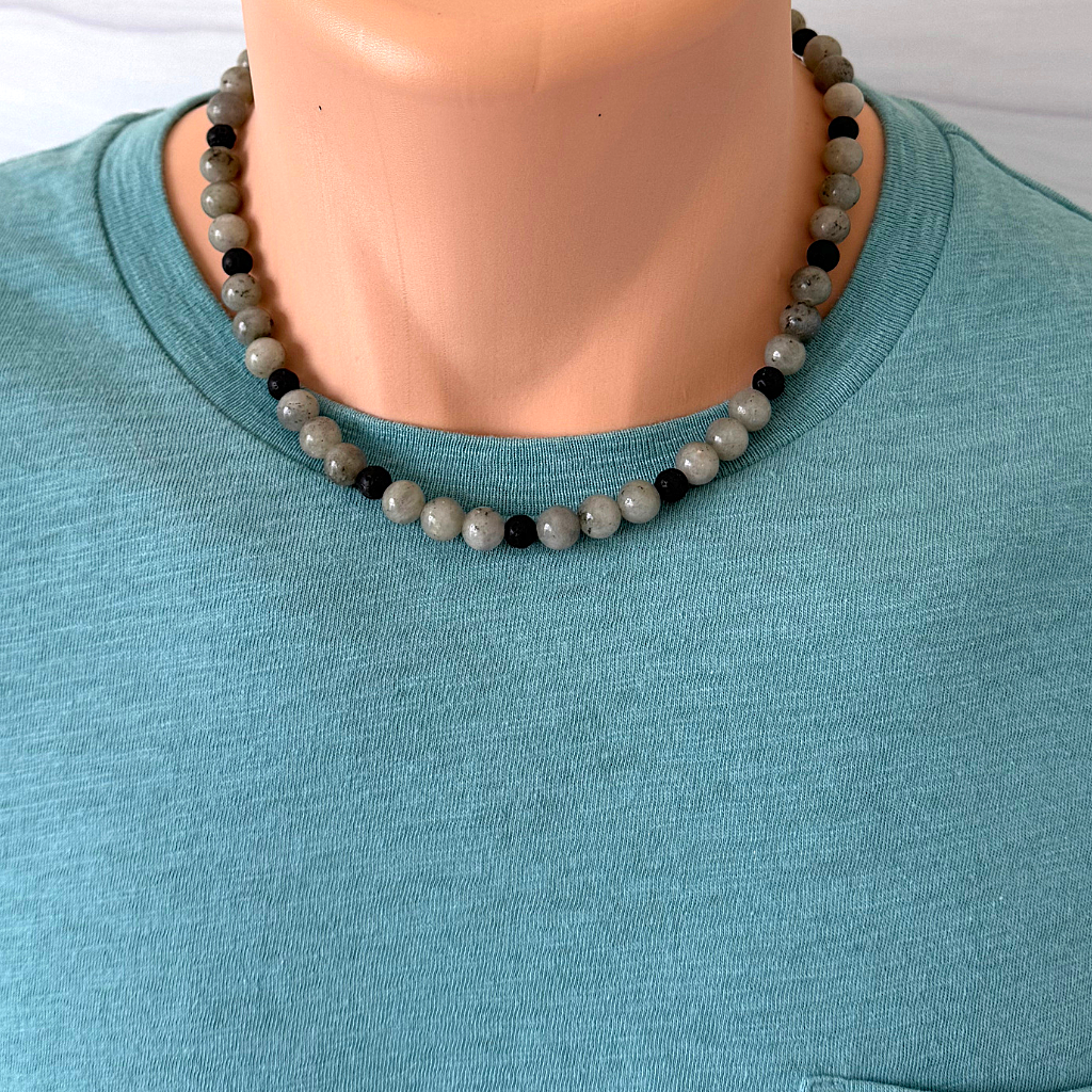 Mens Green Spectrolite and Black Lava Beaded Necklace JaeBee