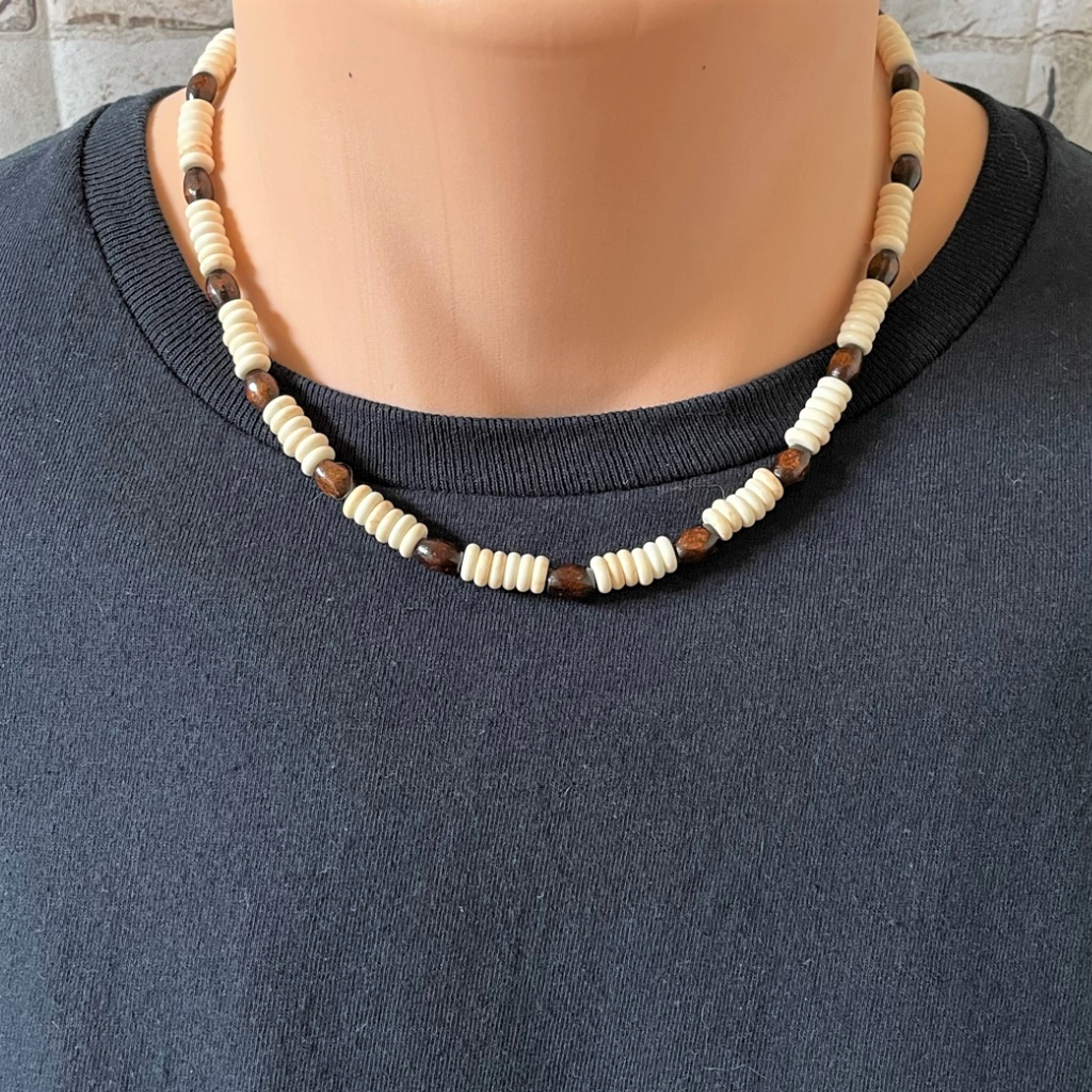 Buy the Mens White Howlite Heishi and Wood Necklace JaeBee Jewelry