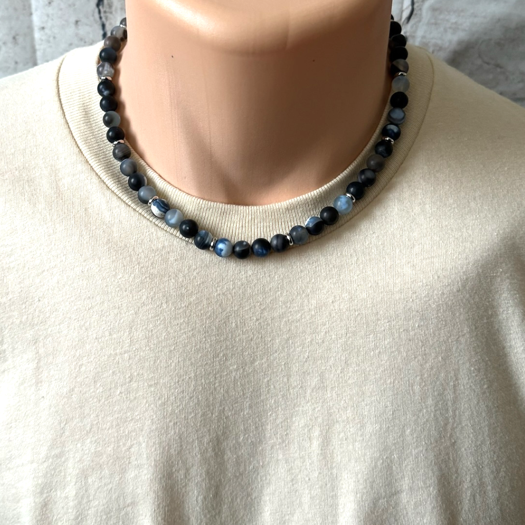 Mens Midnight Blue Matte Agate and Silver Necklace