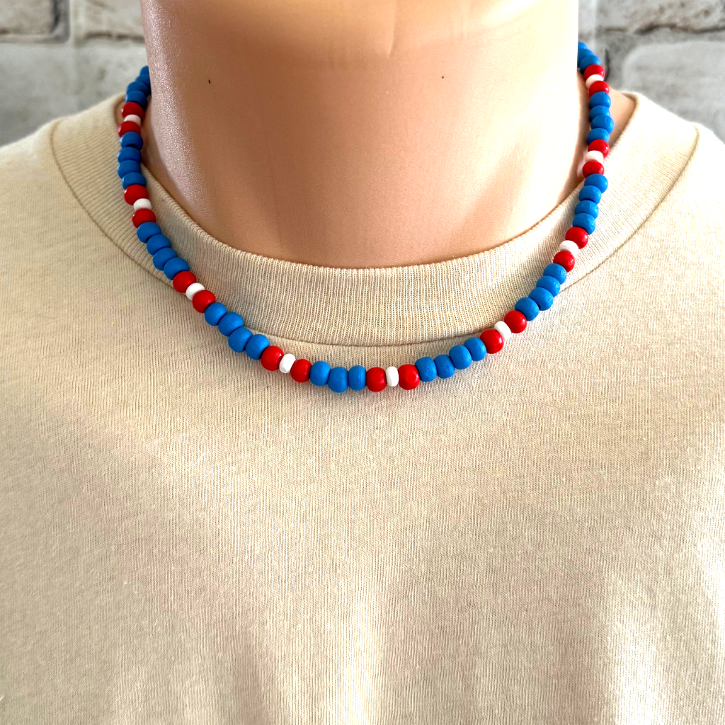 Red White and Blue Wood Beaded Mens Necklace