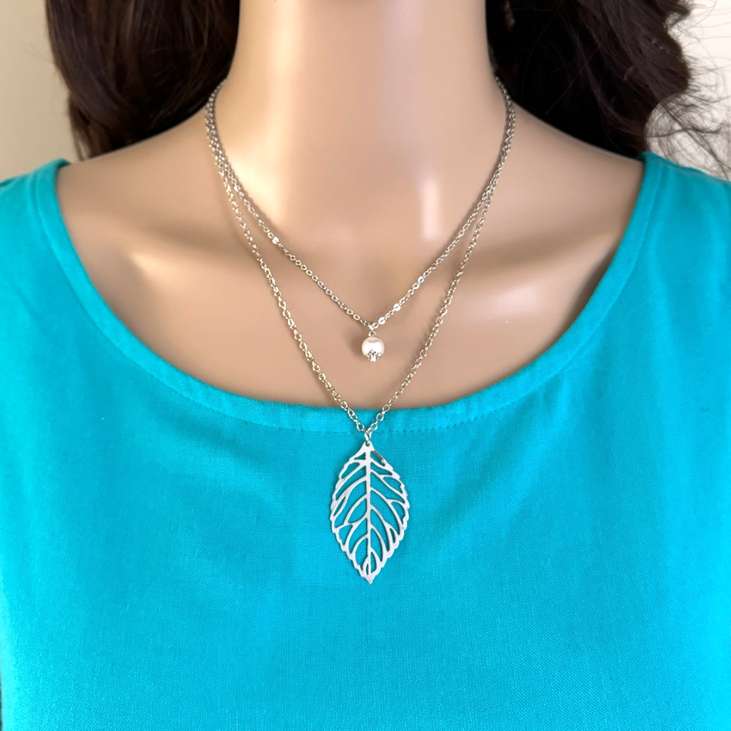 Silver Cut Out Leaf and Pearl Layered Necklace