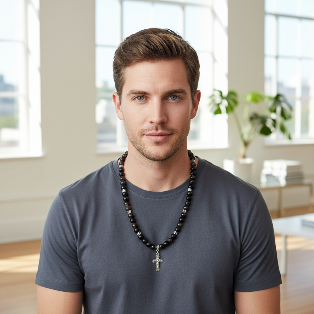 Mens Black and Brown Agate Beaded Necklace Silver Cross | JaeBee