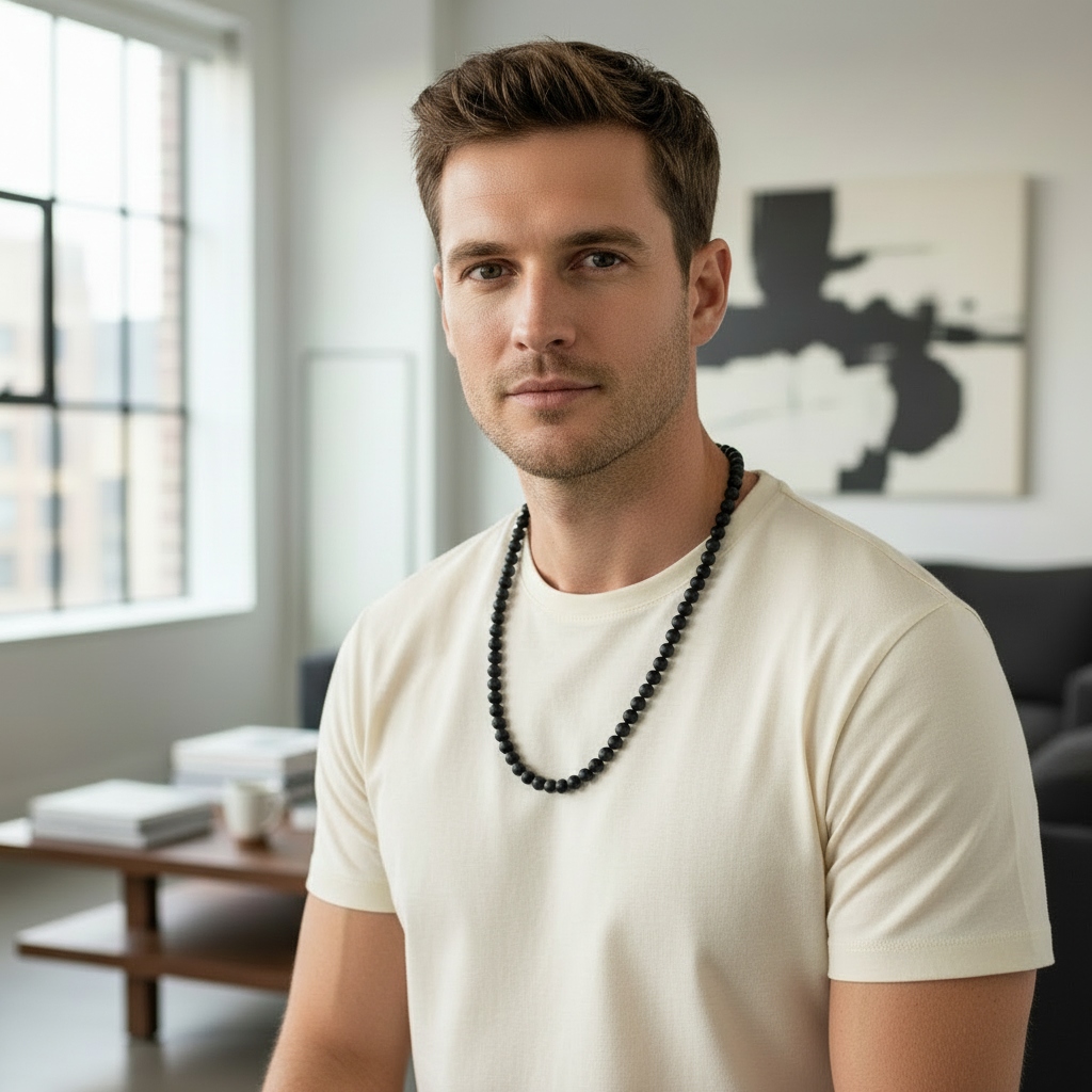 Buy the Mens Black Onyx Matte Beaded Necklace | JaeBee Jewelry