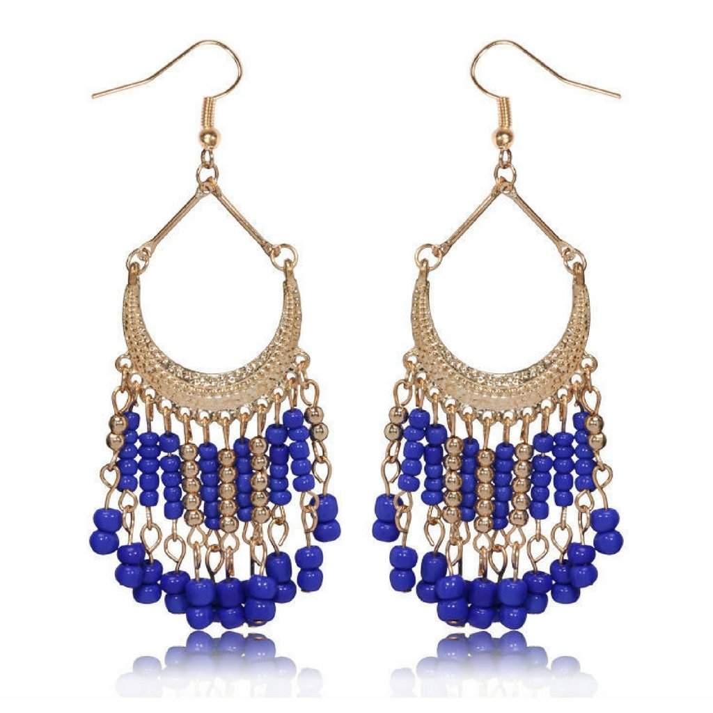 Blue and Gold Seed Bead Chandelier Earrings-Blue,Dangle Earrings,Gold Earrings