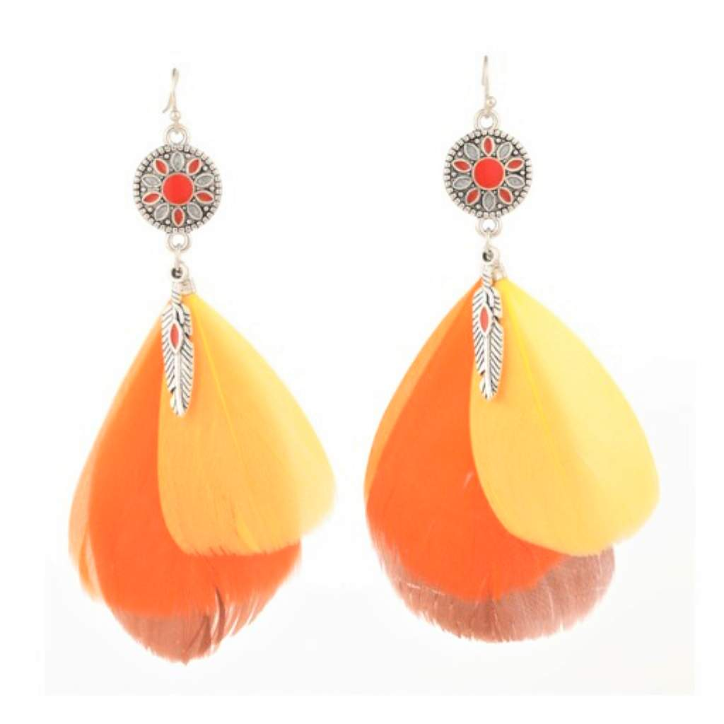 Orange Yellow and Brown Feather Long Dangle Earrings-Dangle Earrings