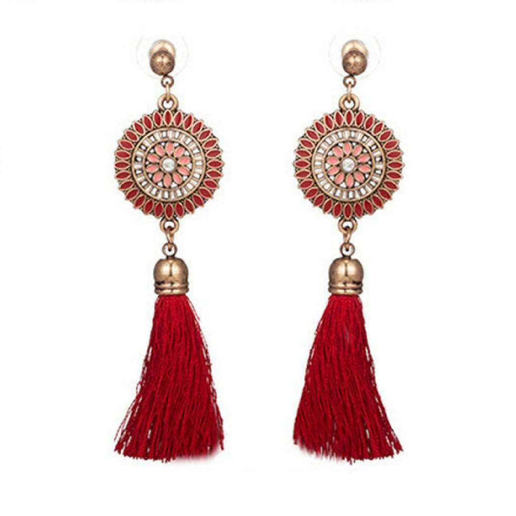 Red Bohemian Gold Disc and Tassel Earrings-Dangle Earrings,Gold Earrings,Red,Studs,Tassel Earrings