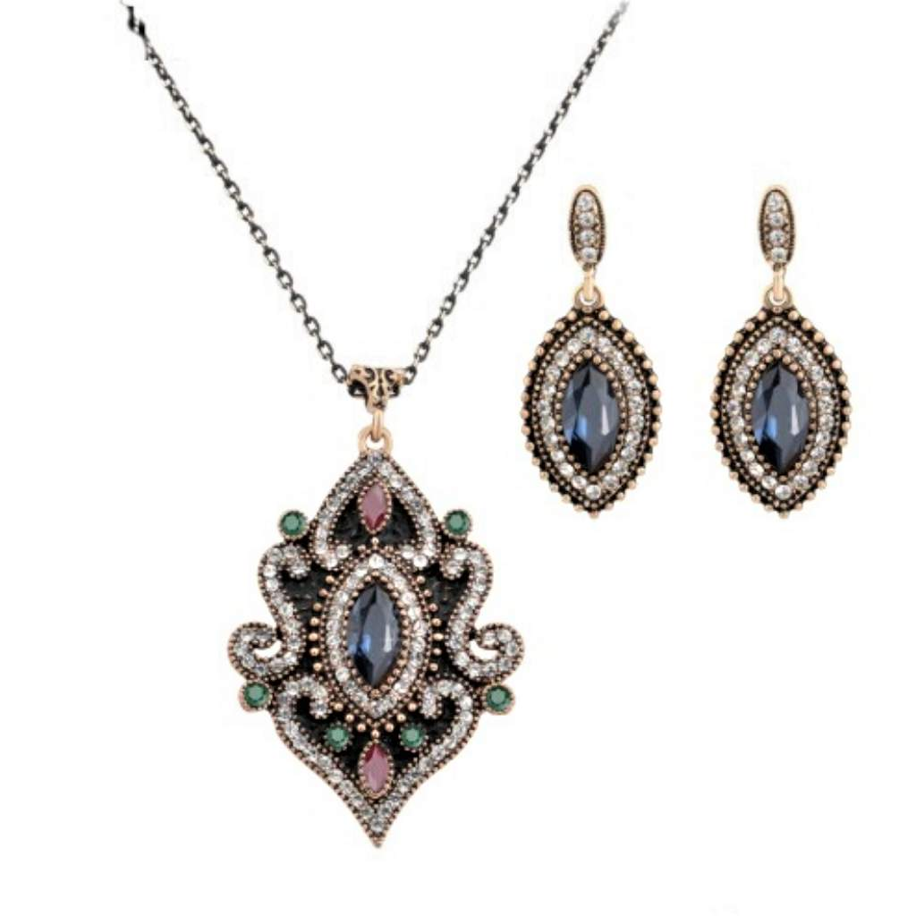 Multi Colored Crystal and Gold Antique Necklace and Earrings Set-Dangle Earrings,Gold Earrings,Gold Necklaces