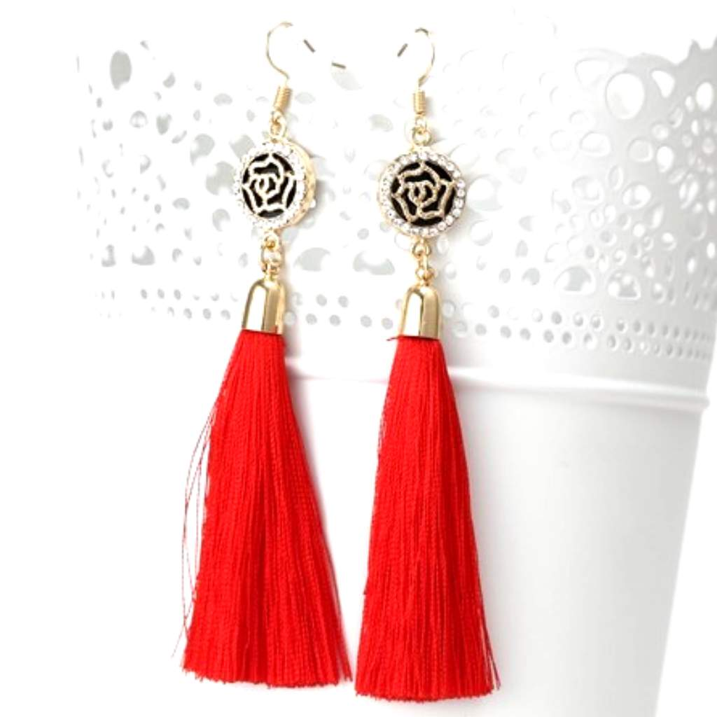 Red Tassel Earrings with Gold and Crystal Flower Charm-Dangle Earrings,Gold Earrings,Tassel Earrings