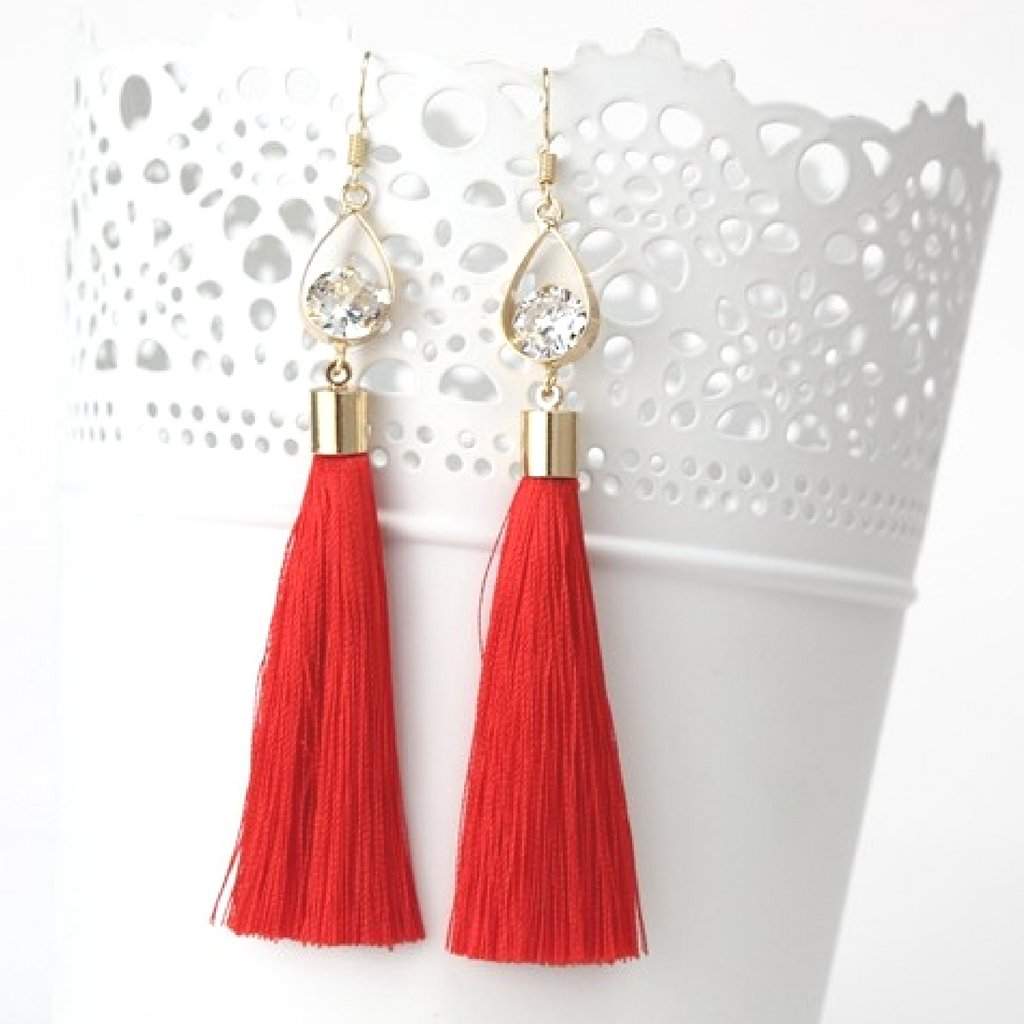 Red Tassel Earrings with Gold Oval and Crystal-Red,Tassel Earrings