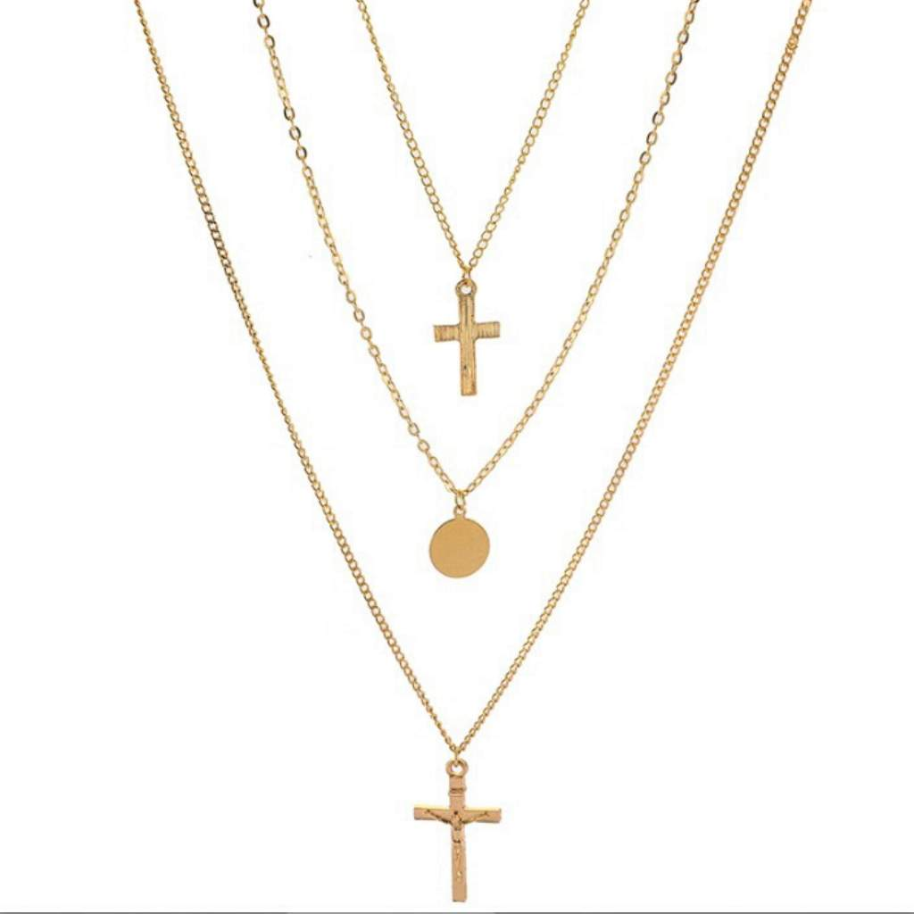 Gold Triple Layered Double Cross and Disc Necklace-Cross,Gold Necklaces,Layered Necklaces,Religious