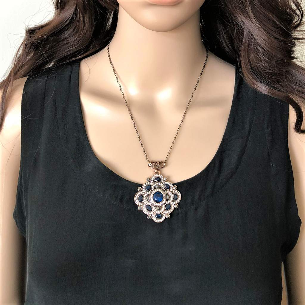 Buy the Antique Blue and Clear Crystal Geometric Necklace JaeBee