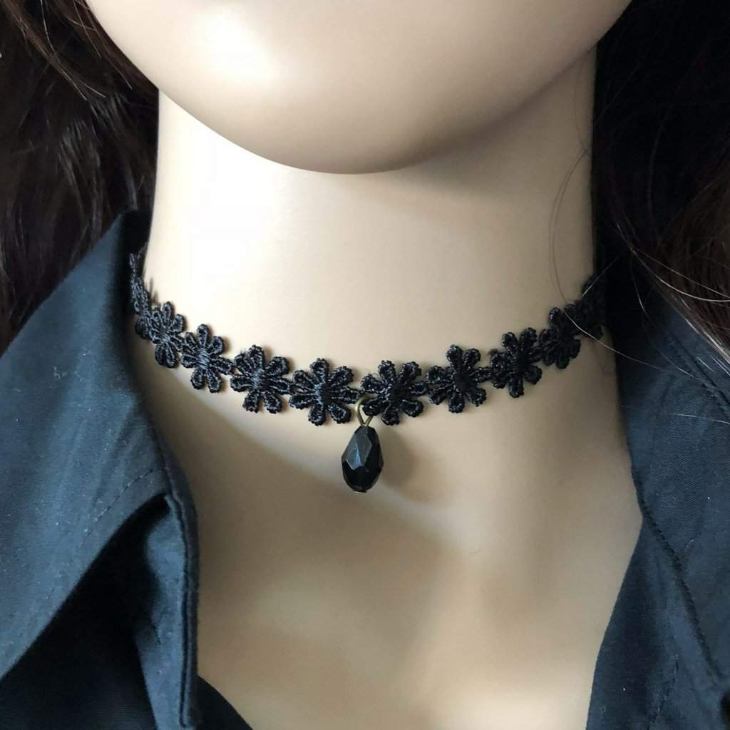 Buy The Black Flower Choker with Black Bead Drop | JaeBee Jewelry