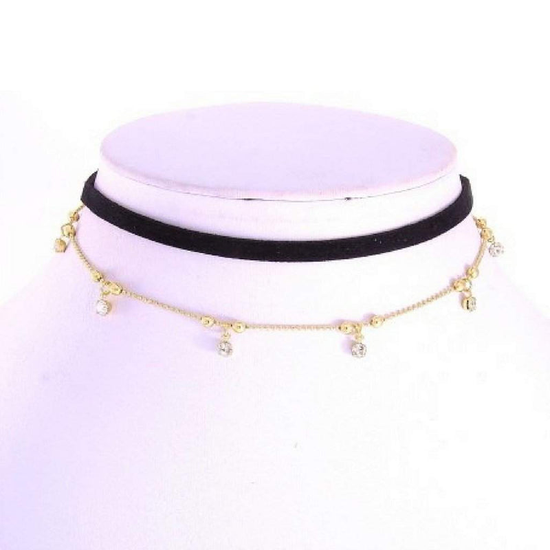 Leatherette Black and Gold Chain Choker-Black,Chokers,Gold,Layered Necklaces