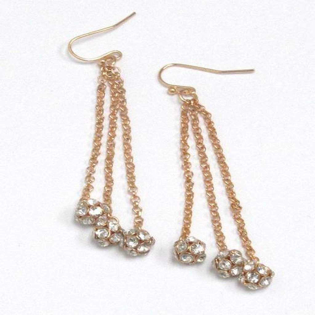 Gold Rhinestone Triple Ball Dangle Earrings-Dangle Earrings,Earrings,Gold Earrings
