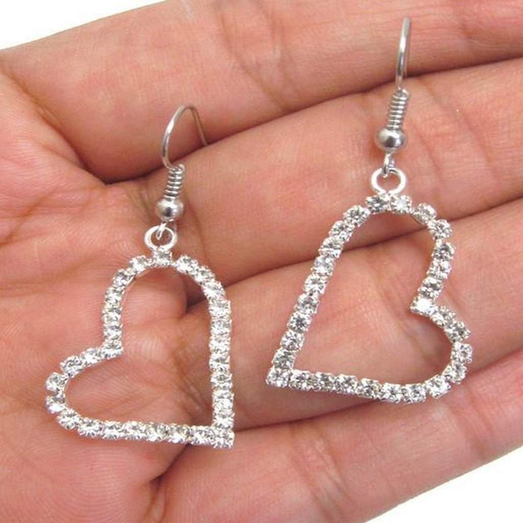 Silver and Rhinestone Sideways Heart Earrings-Dangle Earrings,Heart,Silver Earrings