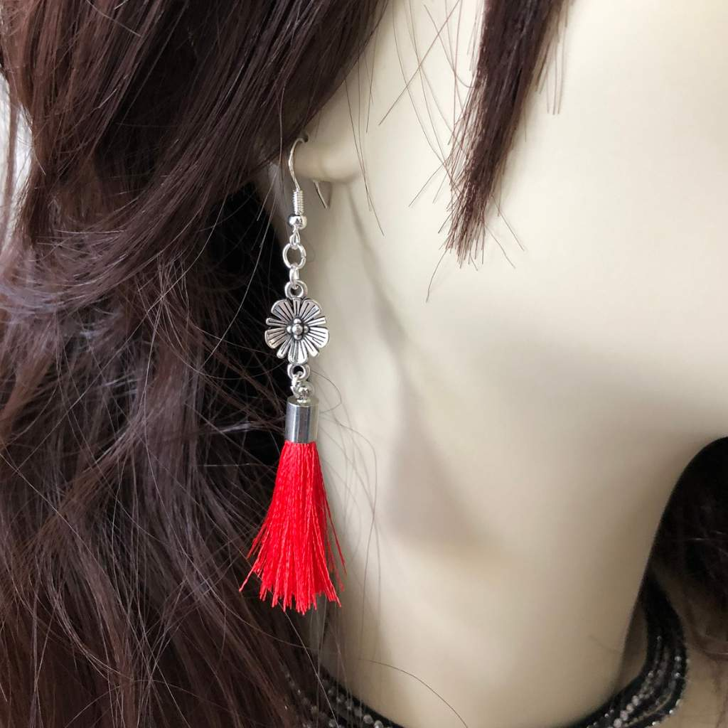 Buy Antique Silver Flower with Red Tassel Dangle Earrings JaeBee