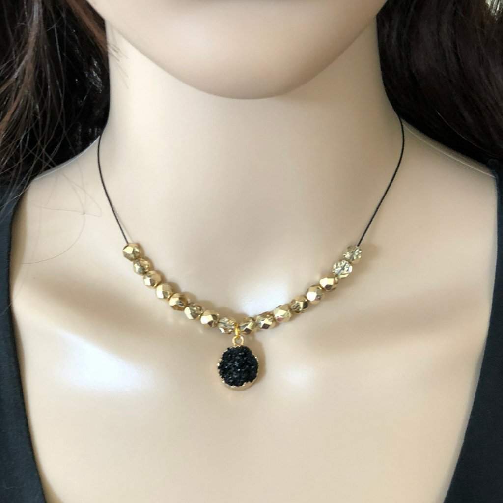 Black Druzy and Gold Beaded Collar Necklace-Beaded Necklaces,Black,Chokers,Gold Necklaces