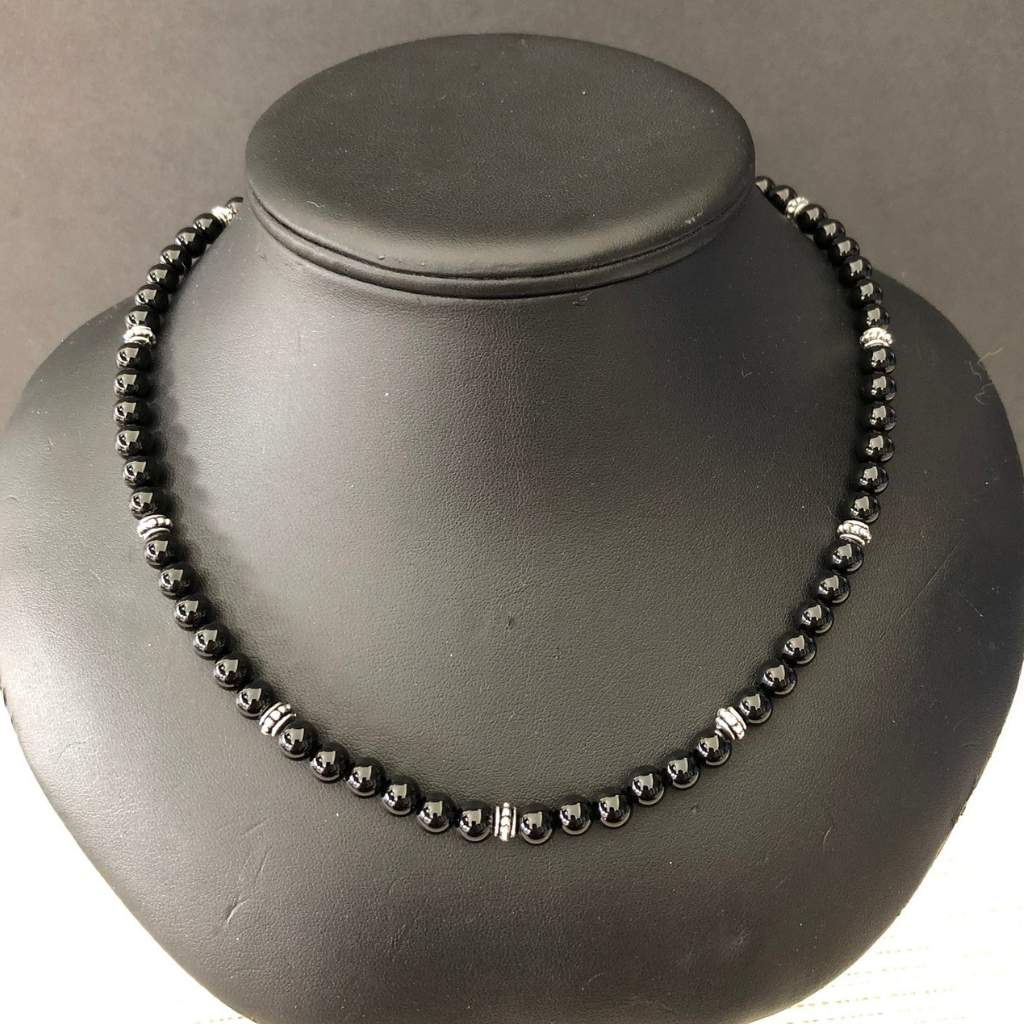 Buy the Mens Black Onyx and Silver Beaded Necklace JaeBee Jewelry