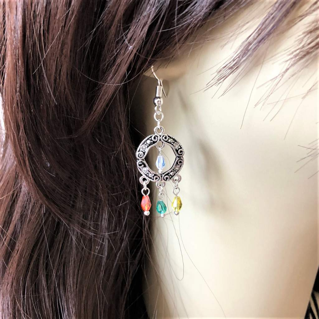 Buy the Silver Round Multi Colored Crystal Drop Earrings JaeBee