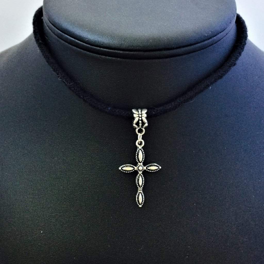 Antique Silver Cross Choker-Black,Chokers,Cross,Religious