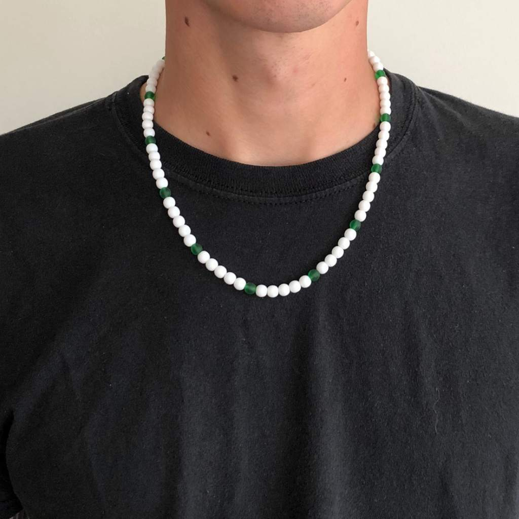 White and Green Beaded Mens Necklace | JaeBee Jewelry