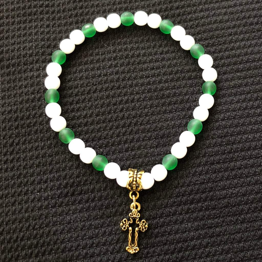 Matte Green and White Beaded Gold Cross Bracelet-Beaded Bracelets,Cross,Green,Stacked,White