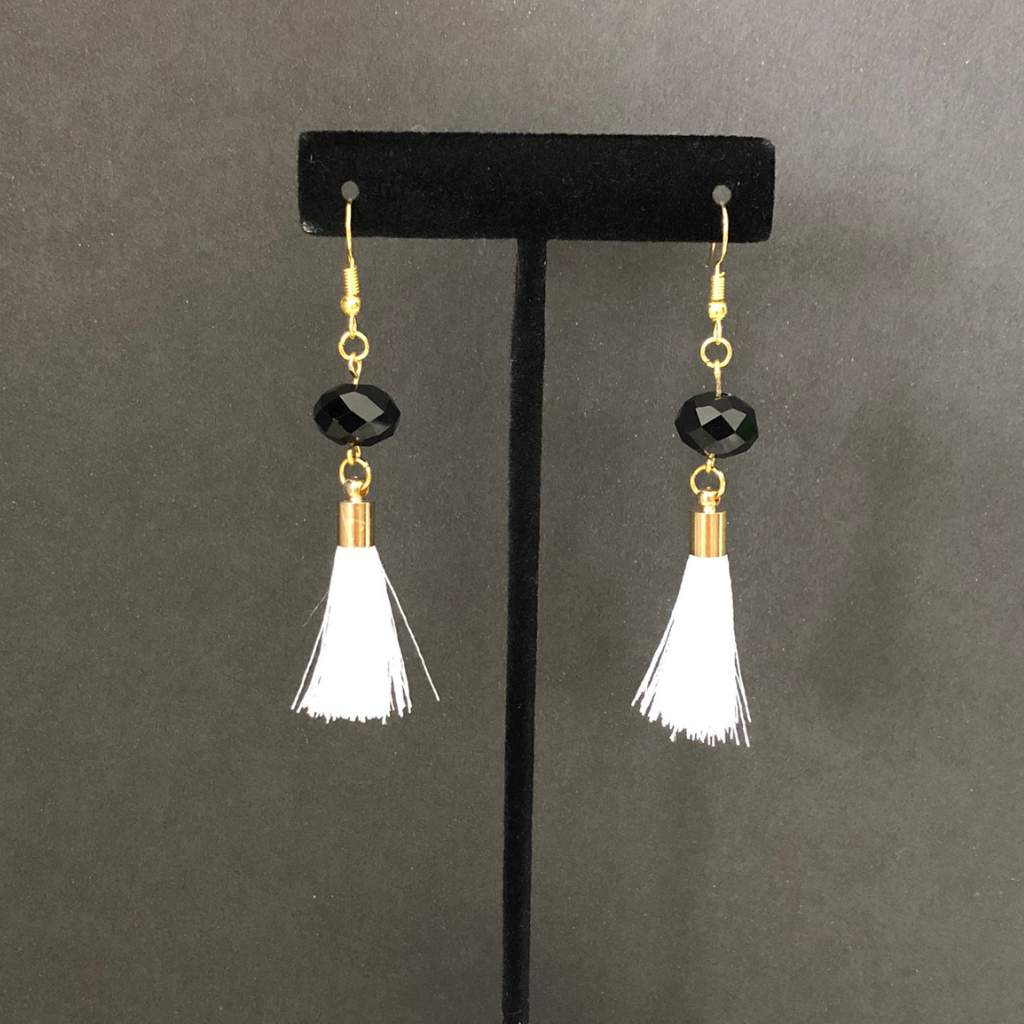 White Tassel and Black Crystal Dangle Earrings-Black,Dangle Earrings,Tassel Earrings,White