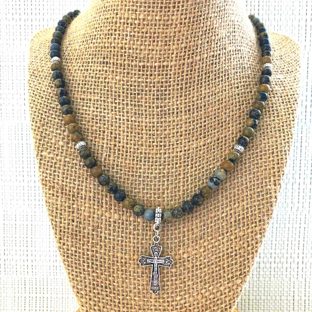 Artistic Stone Mens Brown Beaded Necklace with Silver Cross-Beaded Necklaces,Brown,Mens