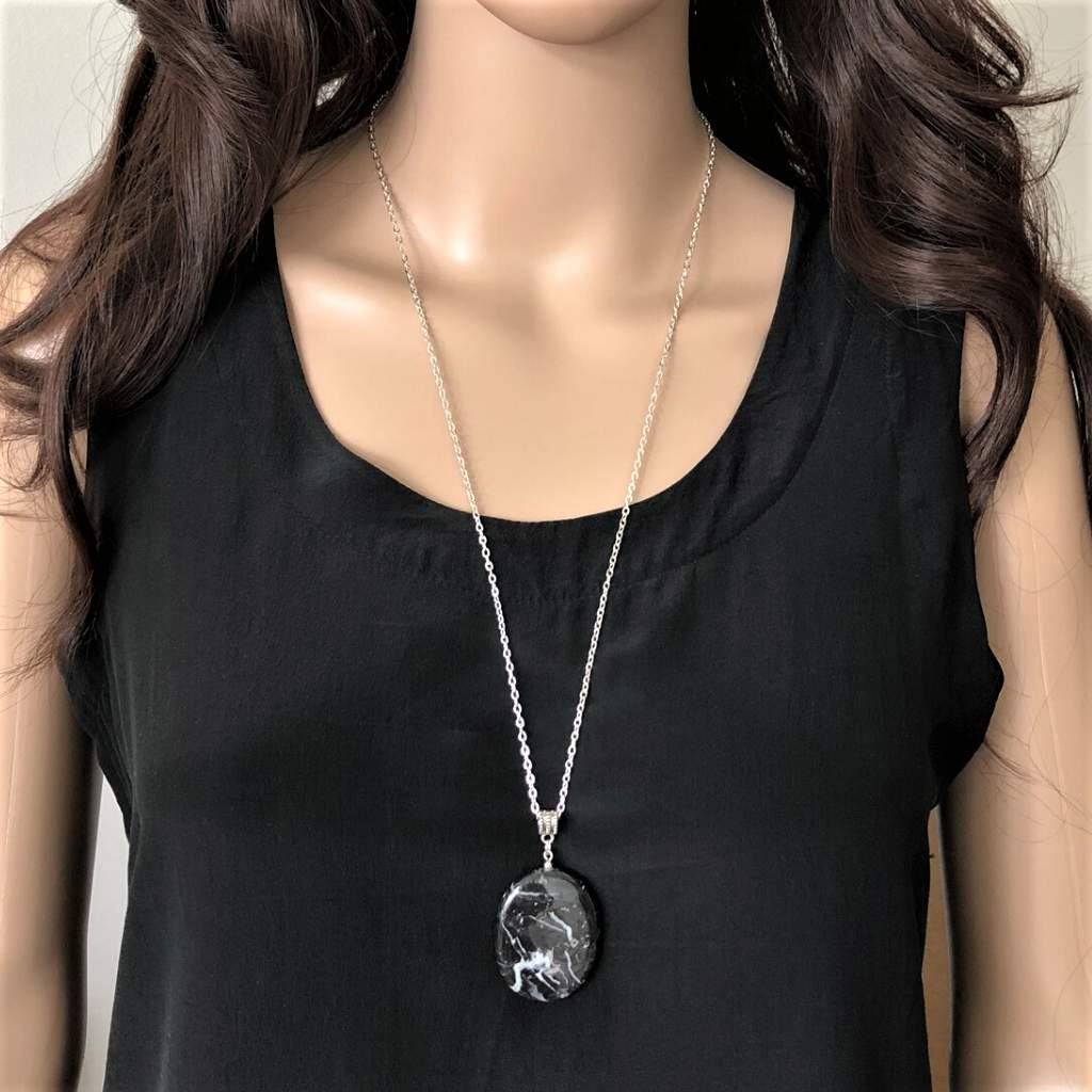 Black Marble Pendant Necklace-Black,Long Necklaces,Silver Necklaces