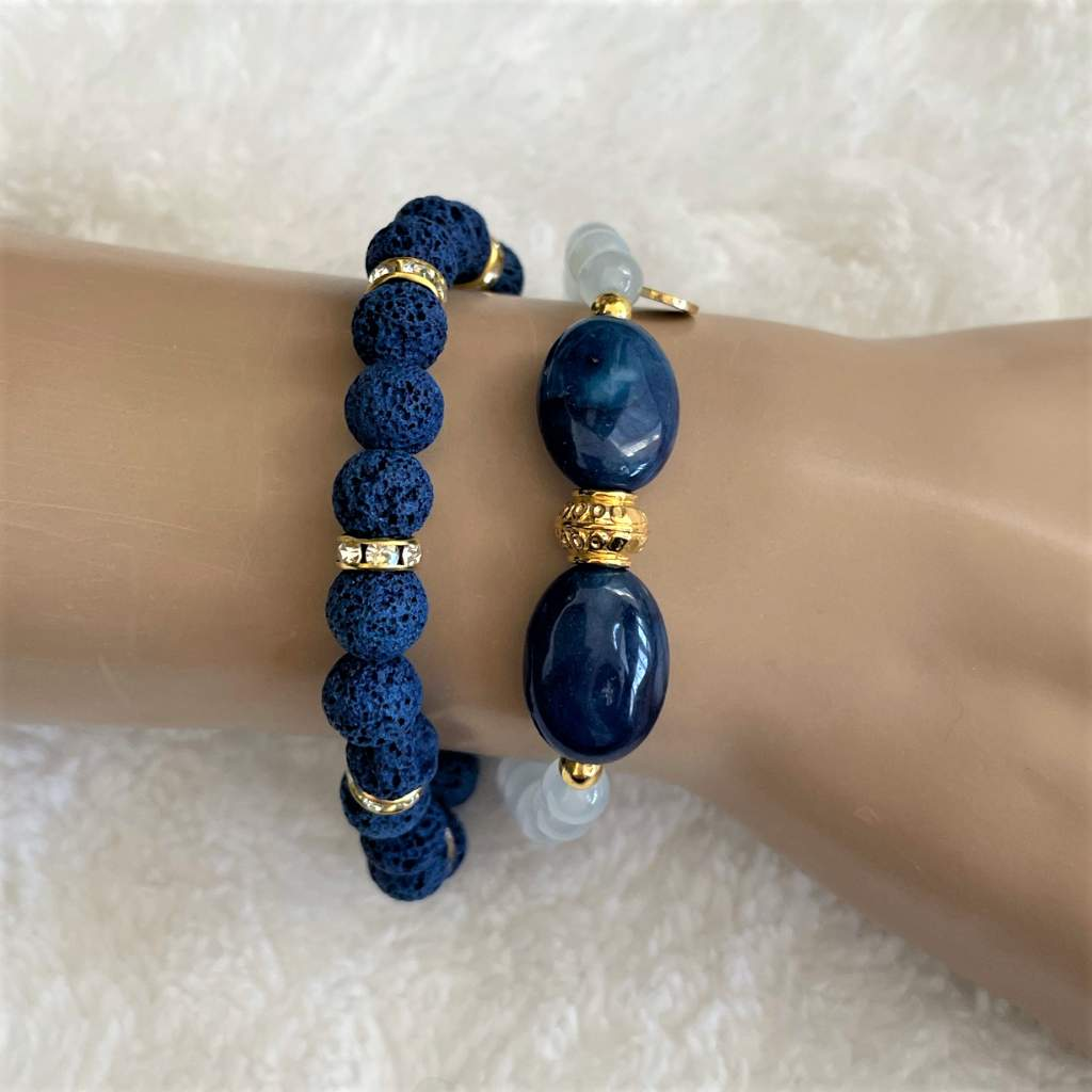 Blue Quartz and Blue Agate Beaded Bracelet with Gold Beads-Agate,Beaded Bracelets,Blue,bracelets