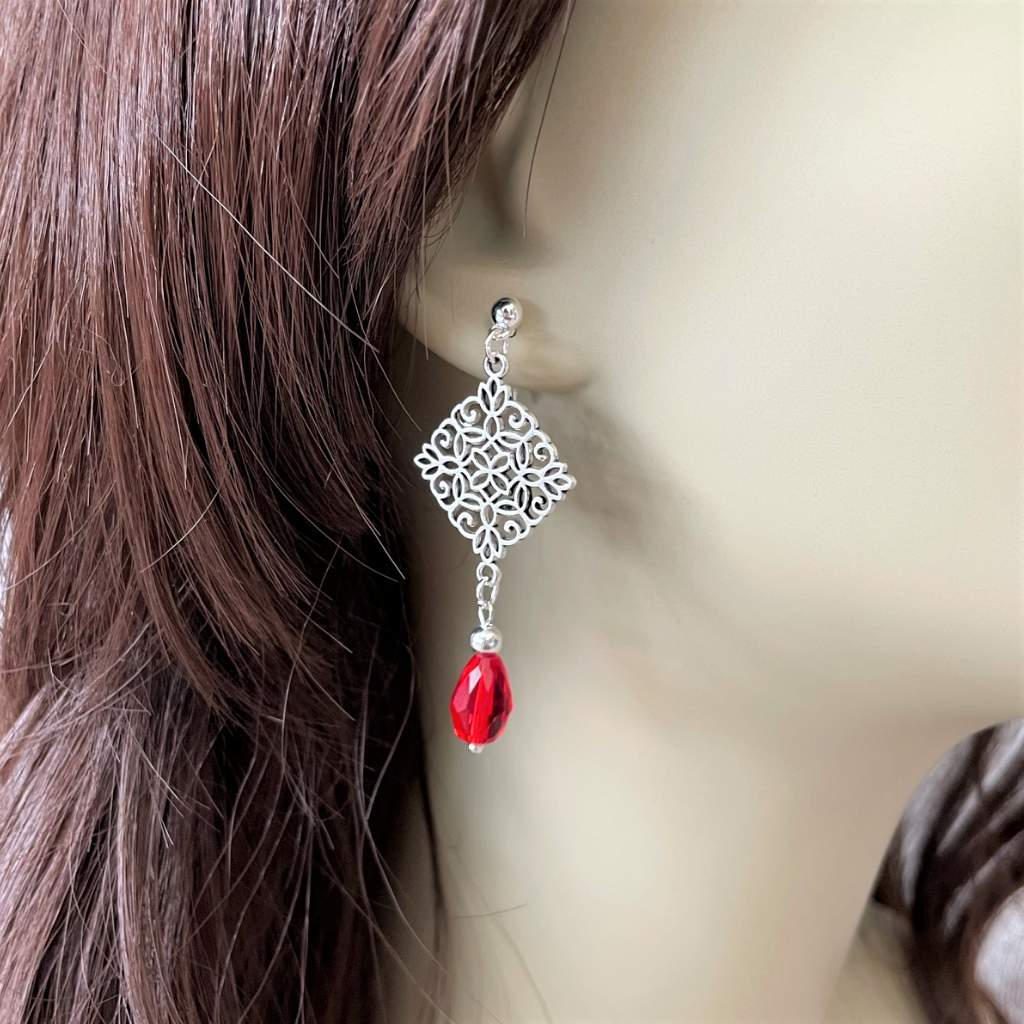 Silver Diamond with Red Crystal Drop Post Earrings-Dangle Earrings,Red,Silver,Silver Earrings