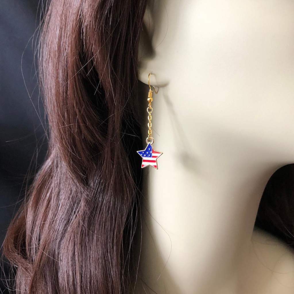 USA Stars and Stripes Long Dangle Gold Earrings-Dangle Earrings,Gold Earrings