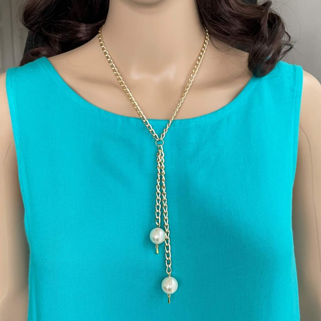 Gold Chain and Pearl Lariat Necklace-Gold,Gold Necklaces,Necklaces