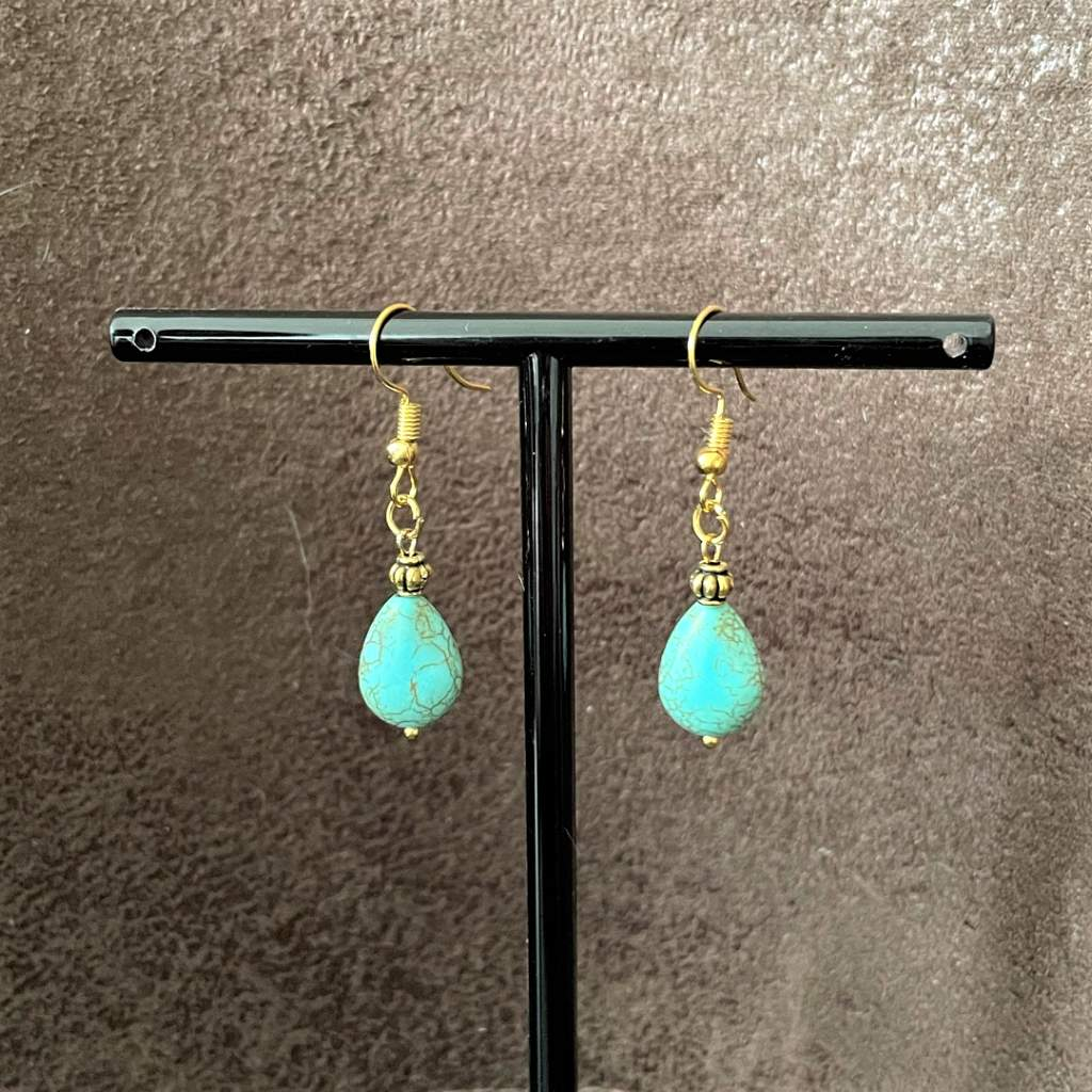 Turquoise Magnesite Teardrop Gold Earrings-Dangle Earrings,Earrings,Gold Earrings,Turquoise