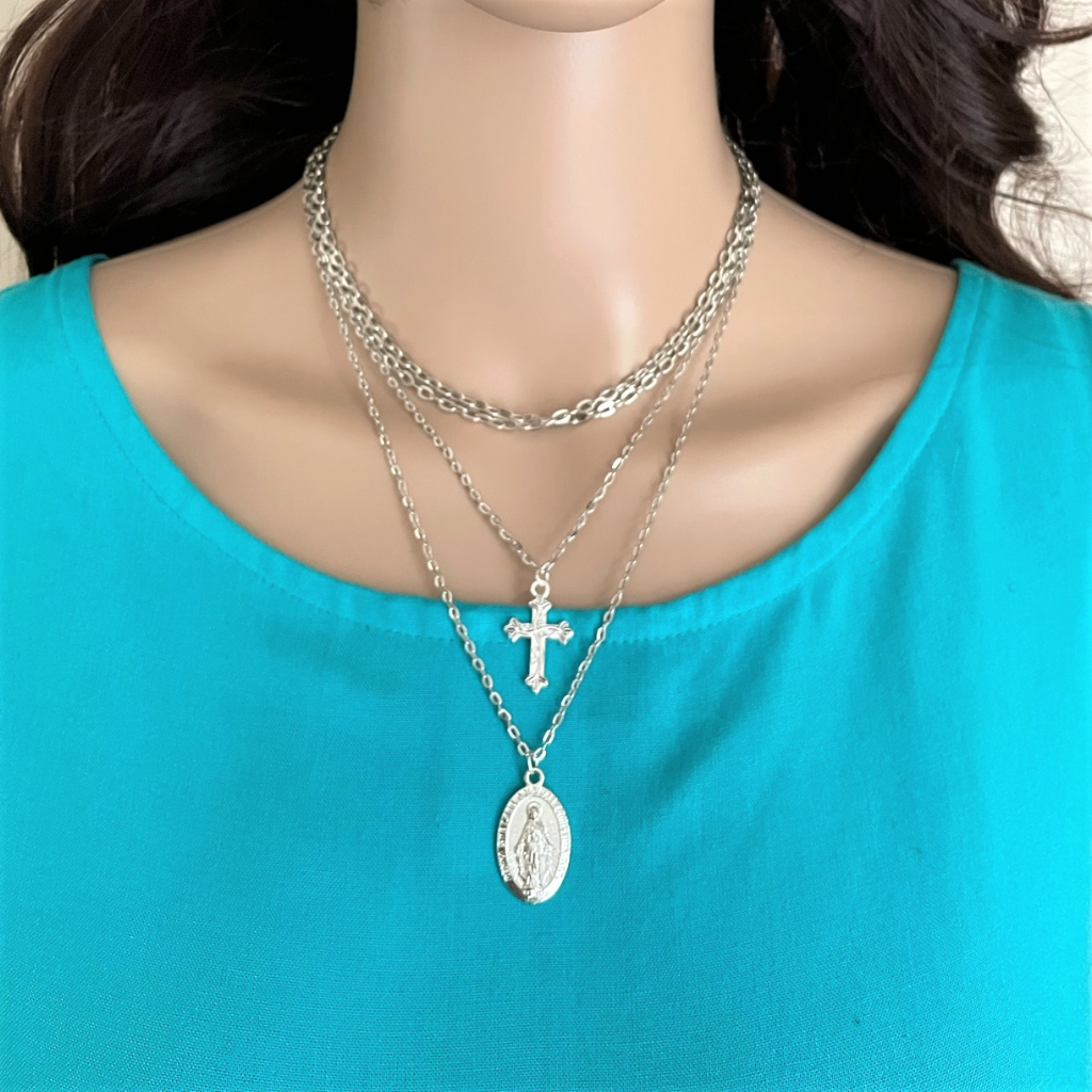 Silver Layered Mother Mary and Cross Necklace