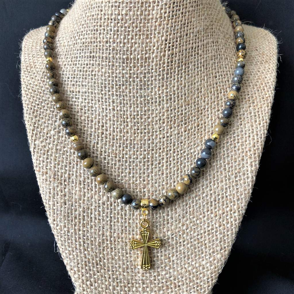 Buy the Artisiic Stone Mens Gold Cross Necklace JaeBee Jewelry