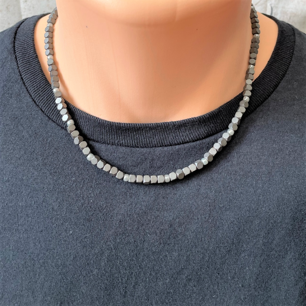 Mens Black Matte Hematite Hexcut Silver Toho Beaded Necklace JaeBee